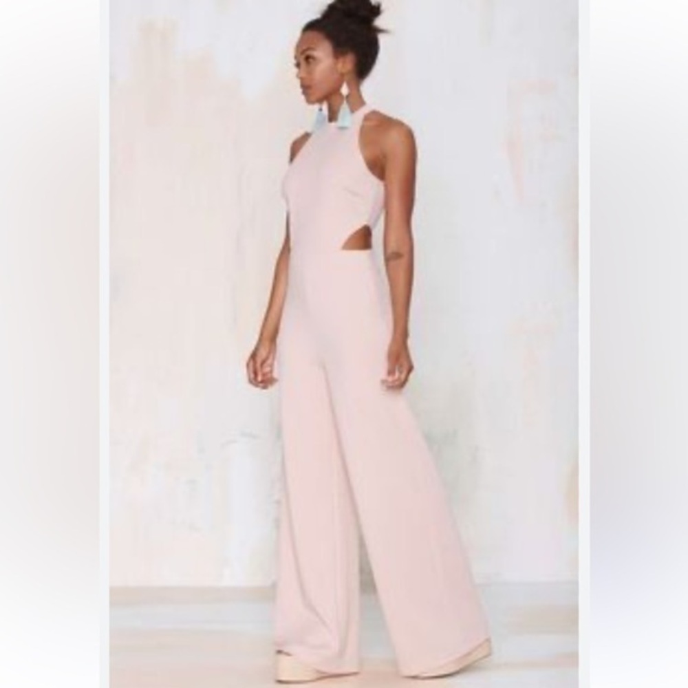 Nasty Gal Blush Pink Halter Cutout Wide-Leg Jumpsuit